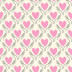 heart with hands seamless pattern in modern doodle style