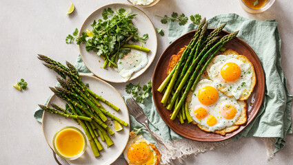 delicious appetizing fried eggs, asparagus on the table