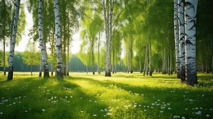 Fotobehang Broad sunbeams streaming through the cypress trees on the lawn © evening_tao