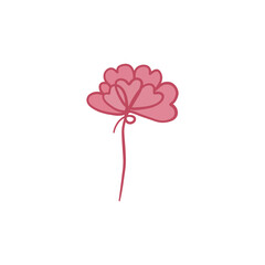 Romantic line art of flower with heart-shaped petals on transparent background. Pink design element. 