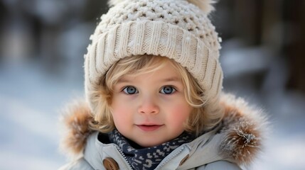 Smiling little boy portrait close-up in the snow
