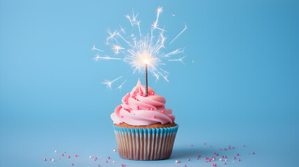 Birthday Cupcake with Candles and Sprinkles on a Blue Pastel Surface