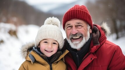 Fototapeta na wymiar Senior grandfather and small girl portrait in winter snow
