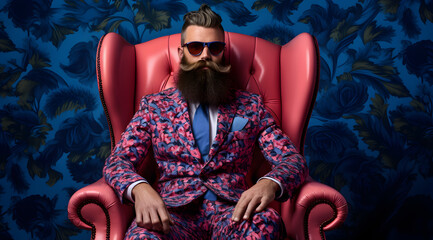 Man in a pink purple Floral Jacket with Sunglasses and Beard Sitting in a Leather Pink Armchair - Stylish and Indigo Surroundings