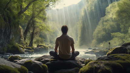 A man practicing mindfulness and meditation in a peaceful natural environment, landscape man meditating in nature looking for spirituality. 