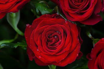 Velvety red roses with water drops and green leaves as a background.