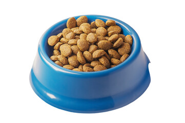 Brown croquettes of dry balanced animal feed in a blue bowl isolate on a white background.