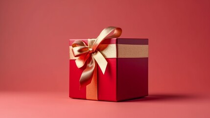 A red gift box with a gold ribbon on a pink background. The concept of holiday photography. Surprise for Valentine's Day, birthday, wedding. Copy space and front view, good focused. Celebrate concept.