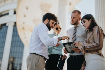 A group of business professionals collaborating outdoors, analyzing market data for profitable investments and discussing corporate strategy for business expansion.