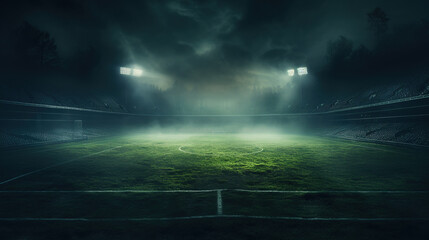 textured soccer game field with neon fog, center, midfield - obrazy, fototapety, plakaty