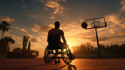 Wheelchair Basketball Player. Determination, Training, Inspiration of a Person with Disability. Wide Shot with Warm Colors on sunset
