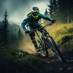 Naklejka premium a mountain biker riding down the mountain, smokey background