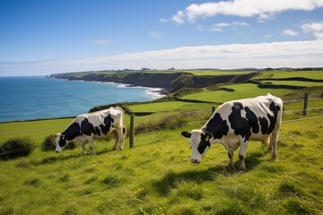 Fototapeta premium Cows are grazing on a lawn on a cliff by the sea