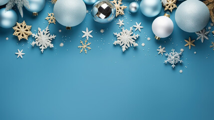 Merry Christmas and Happy Holidays greeting card, frame, banner. New Year. Noel. Christmas white and golden ornaments and gifts on blue background top view. Winter xmas holiday theme. Flat lay.