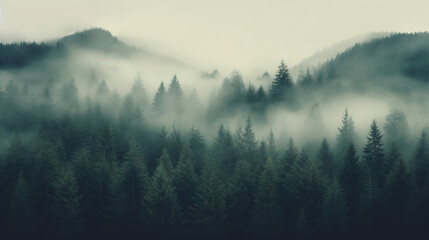 Foggy forest with pine trees and mountains in the background
