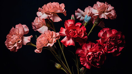 Whimsical carnations against a dark backdrop on black background