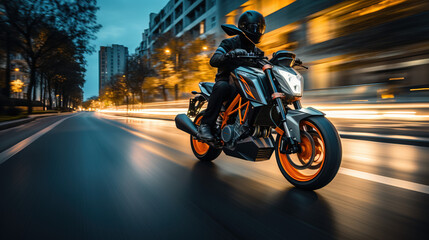 Sports motorcycle biker rider on blurred city street. A motorcyclist races at speed on a...