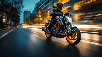 Fototapeta premium Sports motorcycle biker rider on blurred city street. A motorcyclist races at speed on a motorcycle. Background with selective focus and copy space