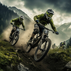 a mountain biker riding down the mountain, smokey background, AI GENERATIVE