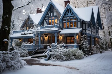 A cozy house with a garage in winter with lots of snow.