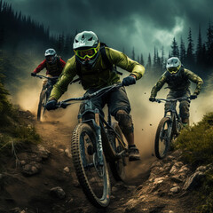 a mountain biker riding down the mountain, smokey background, AI GENERATIVE