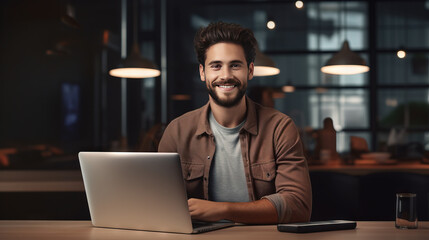 Man working on laptop, boy freelancer or student with computer in cafe at table looking in camera

