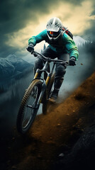 Fototapeta na wymiar a mountain biker riding down the mountain, smokey background, AI GENERATIVE