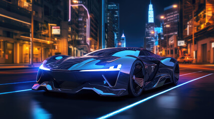 Fototapeta na wymiar A sci-fi style supercar is driving on the streets of the night city