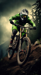 Naklejka premium a mountain biker riding down the mountain, smokey background, AI GENERATIVE