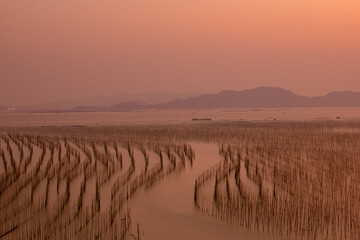 Fototapeta premium Shajiang Village, Shajiang Town, Xiapu County, Ningde City-Shajiang S Bay-Scenery of the fishing village beach facing the sky at sunset