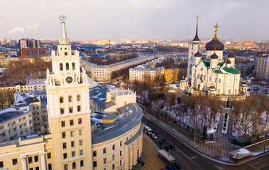 Aerial view of main Cathedral and Southeast Railway Building in Voronezh on a sunny winter day, Russia