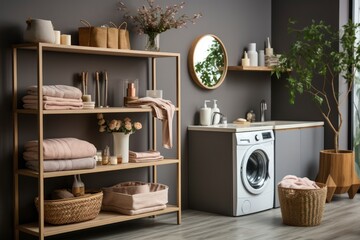 Open shelving with towels and a washing machine in the utility room.
