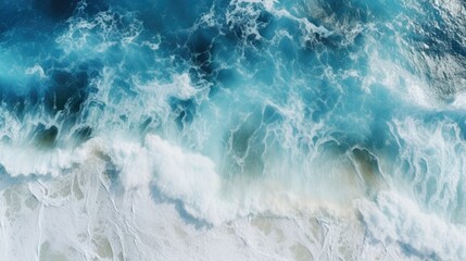 Scenic overhead view of crashing waves in the deep blue ocean, accentuated by the frothy, white foam, capturing the dynamic beauty of the sea in motion. - obrazy, fototapety, plakaty