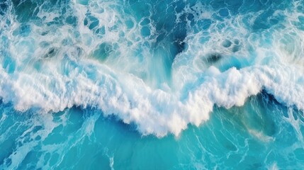 Fototapeta premium Scenic overhead view of crashing waves in the deep blue ocean, accentuated by the frothy, white foam, capturing the dynamic beauty of the sea in motion.