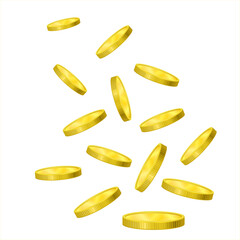 Golden Coins falling. Metal cash dropping down as win. Bank and finance. Rain from scattered glossy gold coins isolated on a white background.
