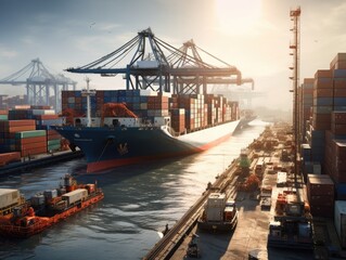 Naklejka premium A container ship at a busy port, illustrating global trade and commerce.