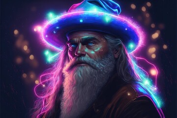 Obraz na płótnie Canvas Wise wizard spell caster with neon lighting