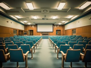 Fototapeta premium Empty college lecture hall with a podium and rows of empty seats.