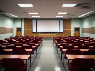 Fototapeta premium Empty college lecture hall with a podium and rows of empty seats.