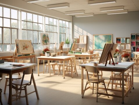 An art classroom with easels, paintbrushes, and a serene atmosphere.