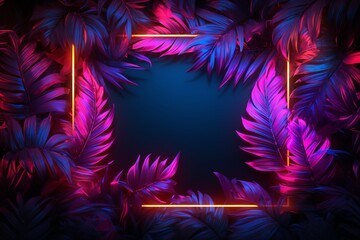 Glowing Neon Border Embracing Abstract Palm Leaves