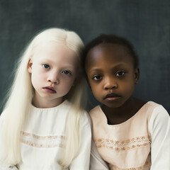 Albino, two African girls, one dark-skinned, the other an albino with white skin and blond hair, close-up portrait 