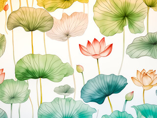 A painting of water lilies and leaves on a white background