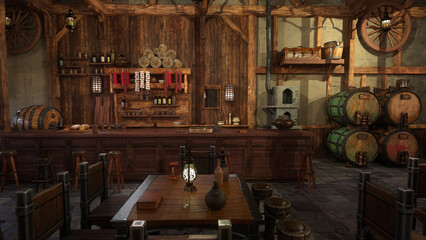 Dining table and bar in an old medieval tavern inn. 3D rendered illustration..