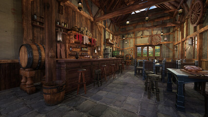 Old medieval tavern with barstools by the bar and food on tables. 3D rendering. - obrazy, fototapety, plakaty