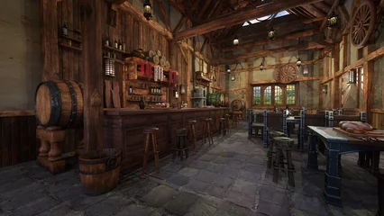 Fotobehang Old medieval tavern with barstools by the bar and food on tables. 3D rendering. © IG Digital Arts