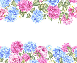 Seamless pattern of color hydrangea flowers.Watercolor botanical illustration