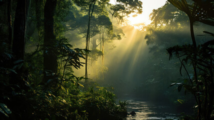 Dawn's first rays gently whisper through the verdant amazon - obrazy, fototapety, plakaty