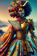 Fototapeta na wymiar Synthesis of Centuries: Afro-Samurai in the Digital Age