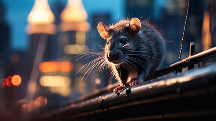 City rat on the prowl, ever vigilant in the concrete jungle - obrazy, fototapety, plakaty